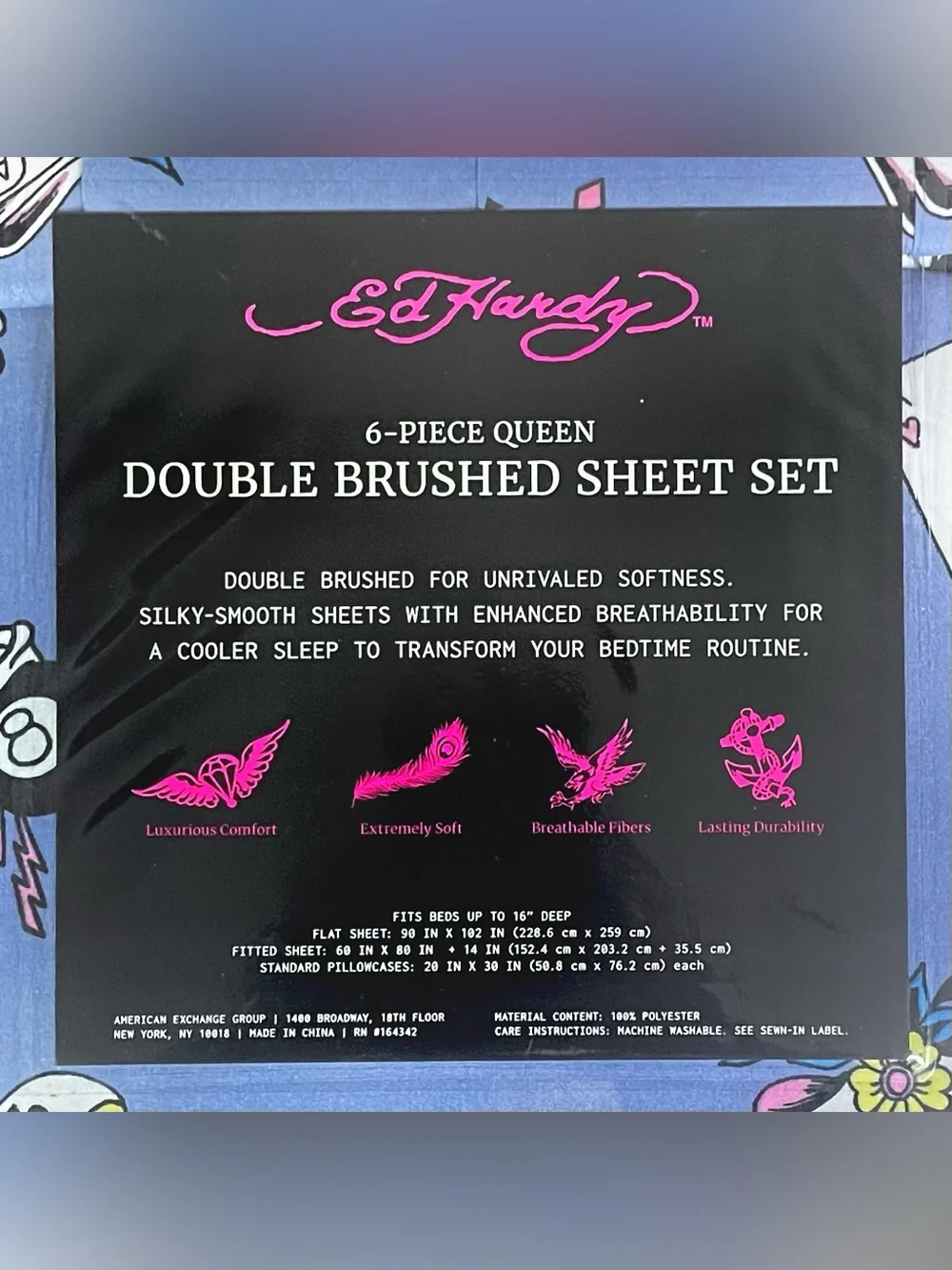 Ed Hardy DP 6-pc Queen Sheet Set Blue Lucky Aces 7s Dice Skulls Casino NEW NIP